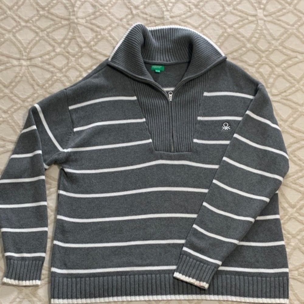 United Colors Of Benetton Men's Charcoal Gray & White Striped Half-Zip Sweater